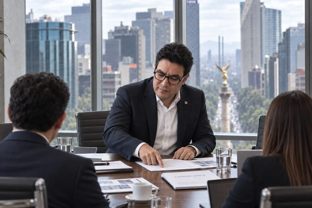 Carlos Álvarez señala un punto en un documento durante una sesión de trabajo, con las torres de Paseo de la Reforma al fondo