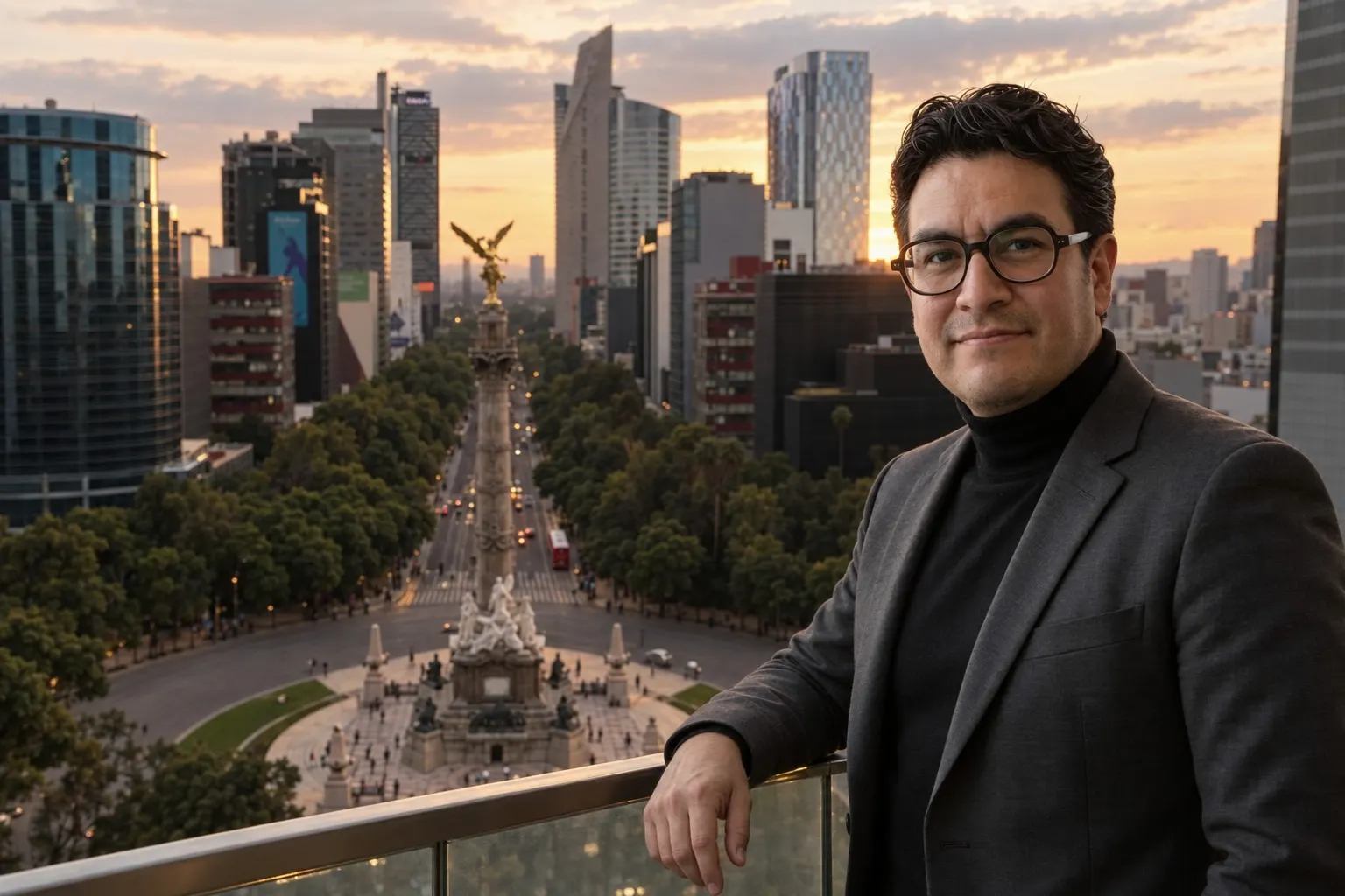 Carlos Álvarez en una terraza sobre Paseo de la Reforma al atardecer, con el Ángel de la Independencia detrás