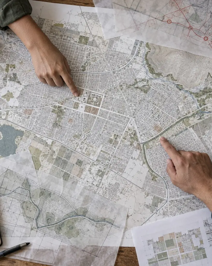 Mesa de trabajo con el plano de un municipio y gráficas de planeación