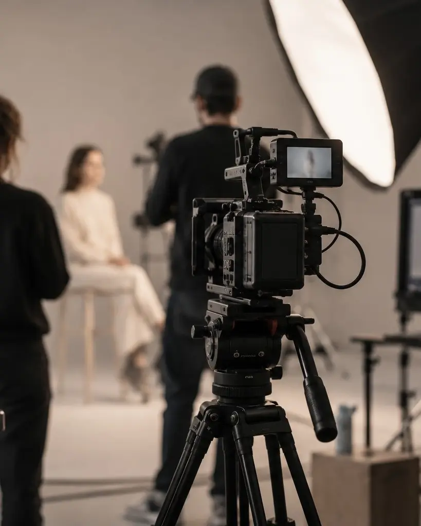 Set de producción de foto y video con cámara de cine e iluminación
