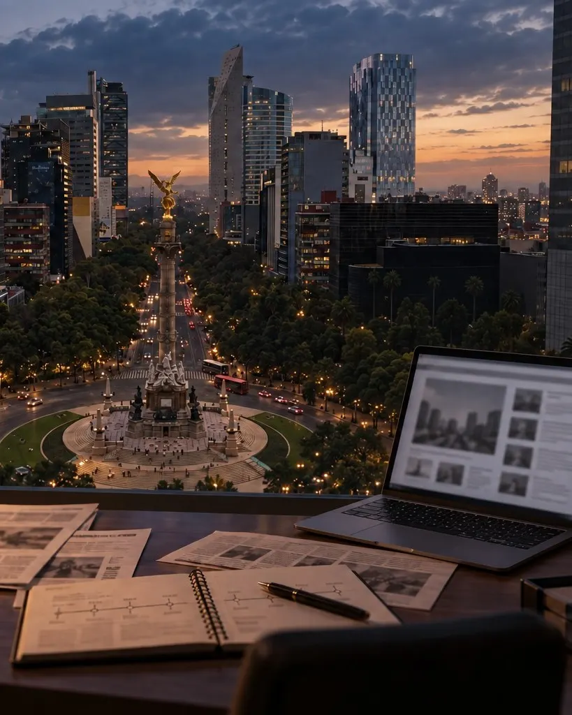 Escritorio de comunicación al anochecer, con recortes de prensa, una libreta con una línea de tiempo y el Ángel de la Independencia por la ventana