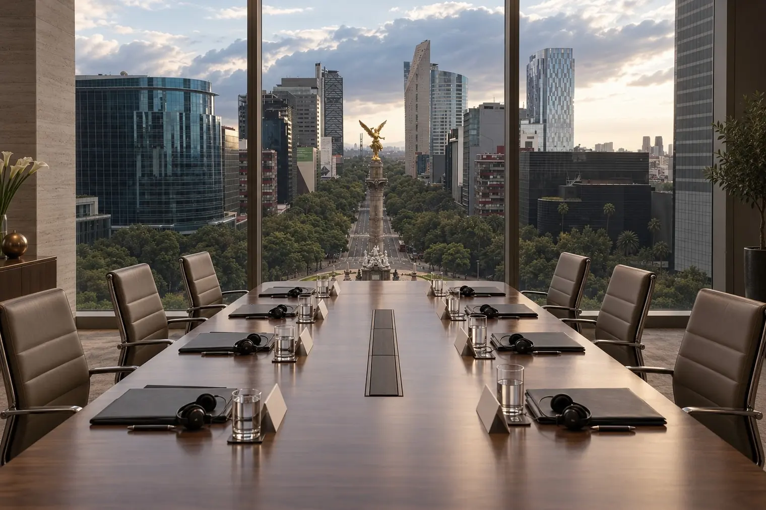 Sala de juntas lista para un foro empresarial, con audífonos de interpretación en cada lugar y el Ángel de la Independencia al fondo