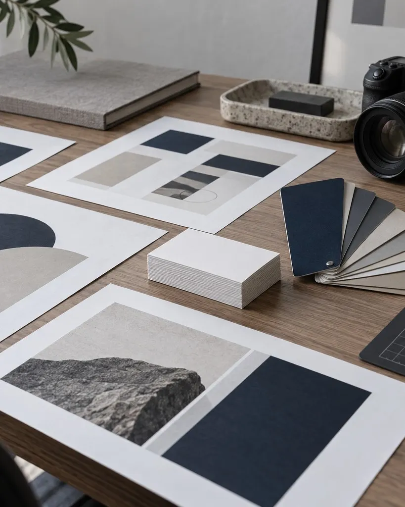 Mesa de un estudio de identidad con pruebas de diseño, tarjetas, muestras de color en marino y arena, y una cámara