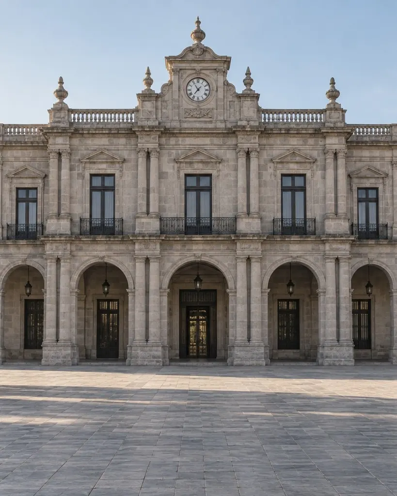 Palacio municipal de cantera con portales y reloj, en una plaza a media mañana